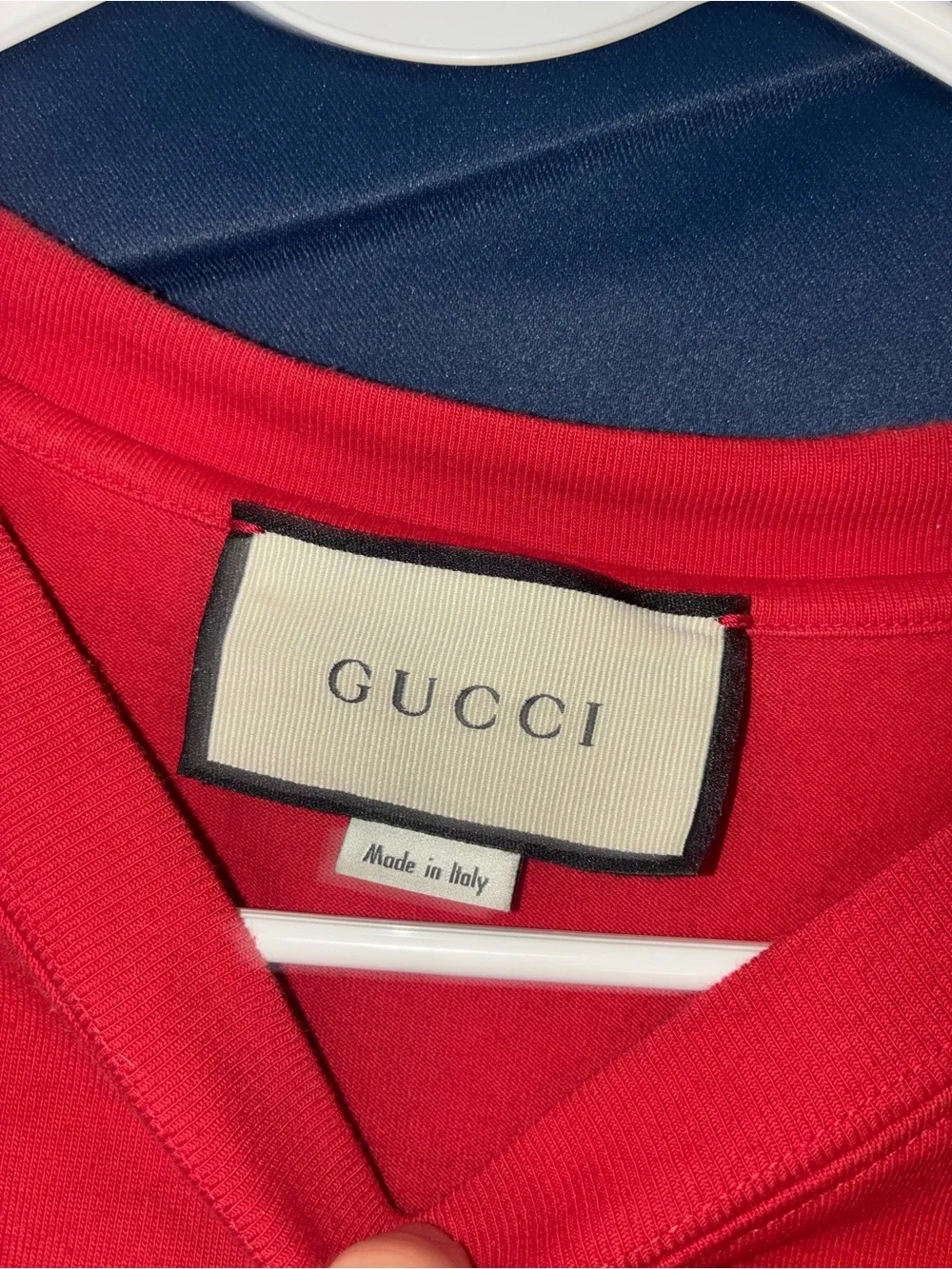 Gucci Red Short Sleeve Tee with Vertical White Logo